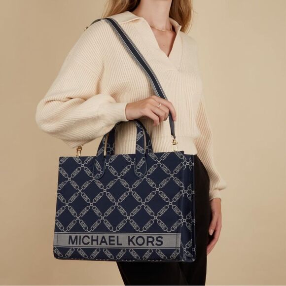 Michael Kors Gigi Large Grab Monogram Denim Tote Bag, Navy, NWT - Picture 9 of 15
